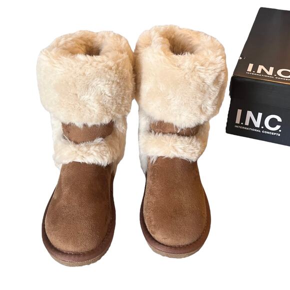 NEW INC Witty Faux Suede Fur BOOTS Little Girls 12 SHOES Chestnut Brown Cream - Picture 5 of 10